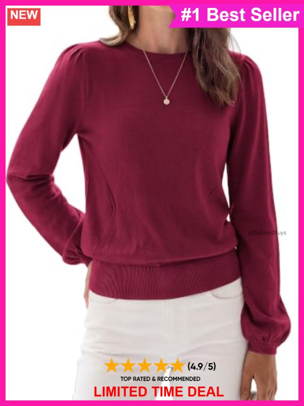 Women's Puff Sleeve Crewneck Pullover Sweater Lightweight Knit